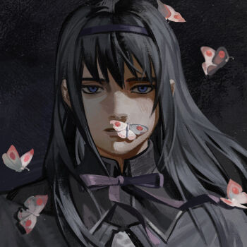 1girl akemi_homura akemi_homura_(magical_girl) black_background black_hair blue_eyes bug butterfly butterfly_on_face butterfly_on_head butterfly_on_mouth butterfly_on_shoulder collared_capelet expressionless facing_viewer hairband highres insect long_hair looking_at_viewer magical_girl mahou_shoujo_madoka_magica mahou_shoujo_madoka_magica_(anime) muted_color neck_ribbon parted_lips portrait purple_hairband purple_ribbon ribbon silverheather solo two-tone_capelet