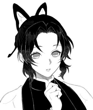 Rule 34 | 1girl, breasts, butterfly hair ornament, commentary, demon slayer uniform, greyscale, hair ornament, haori, highres, japanese clothes, kimetsu no yaiba, kochou shinobu, medium hair, monochrome, no pupils, parted lips, sidelocks, upper body, yu 151yu