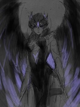1girl alternate_universe baijinhuaji bare_shoulders bird_girl black_dress breasts center_opening chinese_commentary closed_mouth clothing_cutout dress expressionless genshin_impact grey_background headpiece highres humanization jewelry kanna_kapatcir large_breasts long_hair looking_at_viewer monochrome partially_colored purple_eyes sketch solo standing thighlet thighs unfinished upper_body wings