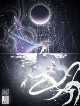 blue_eyes blue_sclera bright_pupils colored_sclera cresselia darkrai ekm full_body gen_4_pokemon glowing highres legendary_pokemon moon mythical_pokemon nintendo no_humans pink_eyes pokemon pokemon_(creature) pokemon_focus whisp white_hair white_pupils