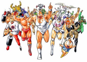 Rule 34 | 1980s (style), 6+boys, abs, alexandria meat, angel wings, ashuraman, biceps, big the budo, blonde hair, brocken jr., buffaloman, chinese clothes, clenched hands, dated, fighting stance, geronimo (kinnikuman), helmet, index finger raised, jumping, kinniku suguru, kinnikuman, kinnikuman (character), kinnikuman soldier, kinnikuman super phoenix, large pectorals, logo, looking at viewer, manly, military, military uniform, monster boy, multiple boys, muscular, neptuneman, oldschool, pectorals, pentagon (character), ramenman, red eyes, retro artstyle, rikishiman, robin mask, running, serious, short hair, shoulder tattoo, signature, smile, springman (kinnikuman), star (symbol), tattoo, terryman, the ninja (kinnikuman), title, warsman, wings, wrestling, wrestling outfit, wristband, yudetamago