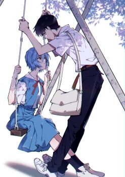1boy 1girl ayanami_rei bag belt black_hair black_pants blue_hair blue_skirt breasts closed_mouth collared_shirt expressionless hair_between_eyes highres ikari_shinji leaning_back looking_at_another neon_genesis_evangelion on_swing outdoors pants playground red_eyes red_ribbon ribbon school_uniform shirt short_hair shoulder_bag simple_background skirt swing swing_set white_background white_shirt yoshio_296