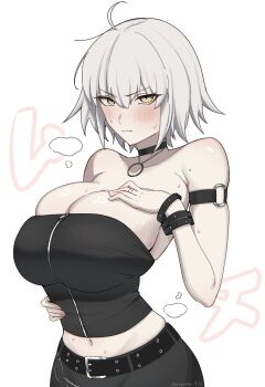 1girl ahoge arm_strap artist_name bare_shoulders belt black_choker black_tube_top blush bracelet breasts choker cleavage commentary_request fate/grand_order fate_(series) heavy_breathing highres jeanne_d'arc_alter_(fate) jewelry large_breasts looking_at_viewer midriff_peek nagomu_7_56 navel necklace short_hair strapless tube_top undersized_breast_cup white_hair yellow_eyes zipper