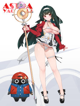 1girl adapted_costume astra_yao bangboo_(zenless_zone_zero) bikini black_footwear breasts character_name contrapposto corset g-string grey_hair hairband high_heels highres holding holding_microphone_stand jacket large_breasts long_hair micro_bikini microphone_stand panties red_eyes red_jacket red_nails revealing_clothes solo swimsuit thigh_beads thong underwear waterring white_background white_corset white_hairband white_panties zenless_zone_zero