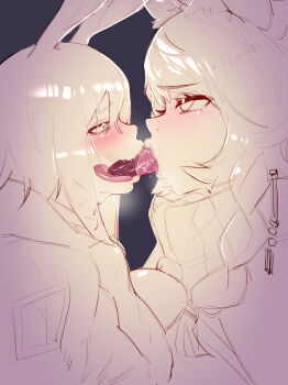 2girls absurdres amiya_(arknights) animal_ears arknights barbed_tongue blush braid eye_contact french_kiss half-closed_eyes highres hitobashira_(1746164306) kiss kiss_focus limited_palette lips long_hair long_tongue looking_at_another multiple_girls pramanix_(arknights) rabbit_ears rabbit_girl rolling_eyes saliva short_hair size_difference sketch snow_leopard_ears snow_leopard_girl tongue tongue_suck turtleneck x-ray yuri