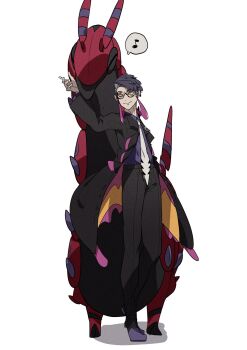 1boy antennae black-framed_eyewear black_hair black_jacket black_pants bug centipede closed_eyes closed_mouth collared_shirt corbeau_(pokemon) eyewear_strap gen_5_pokemon glasses highres jacket long_sleeves musical_note necktie nintendo omothi_pkmn open_clothes open_jacket pants parted_hair pokemon pokemon_(creature) pokemon_legends:_z-a purple_hair purple_shirt round_eyewear scolipede shirt short_hair short_sideburns simple_background smile speech_bubble spoken_musical_note undercut white_background white_necktie yellow_eyes