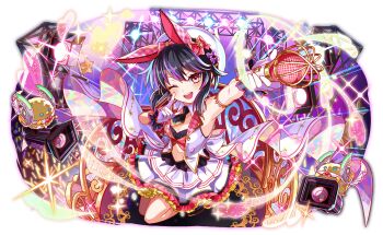 2others animal_ears artist_request back_ribbon beret black_bra black_hair black_necktie blush bow bowtie bra buttons camera cel_shading choppy_bangs closed_eyes closed_mouth collar collared_jacket crash_fever creature cropped_shirt detached_collar eyelashes fake_animal_ears freud_(crash_fever) frilled_skirt frills full_body game_cg gloves hat hat_bow heart holding holding_microphone horns jacket lace lace-trimmed_bra lace-trimmed_jacket lace_trim layered_skirt lightstick long_sidelocks looking_at_viewer mechanical_horns microphone midriff miniskirt multicolored_hair multiple_others navel necktie number_print numbered official_art one_eye_closed open_mouth outline pink_eyes pinstripe_bra pinstripe_pattern plaid_clothes plaid_collar print_jacket purple_bow purple_hair rabbit_ears red_bow red_bowtie red_outline red_shirt ribbon shirt short_necktie sidelocks skirt sleeveless sleeveless_jacket solo_focus square square_print stage stage_lights star_ornament streaked_hair striped_bra striped_clothes tachi-e teeth third-party_source tongue transparent_background underwear upper_teeth_only vertical-striped_bra vertical-striped_clothes white_collar white_gloves white_hat white_ribbon white_skirt