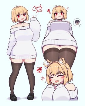 1boy 1girl ? absurdres ahoge alternate_costume animal_ear_fluff animal_ears arcueid_brunestud bare_shoulders black_hair blonde_hair blush blush_stickers breasts cat_ears cat_girl chibi chibi_inset choker closed_eyes from_below glasses hair_intakes highres large_breasts open_mouth ribbed_sweater short_hair sleeves_past_fingers sleeves_past_wrists smile sweater synapseproperty thick_thighs thighhighs thighs tohno_shiki tsukihime tsukihime_(remake) waving zettai_ryouiki