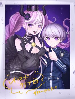 1boy 1girl :d ahoge belt black_dress black_flower black_gloves black_horns black_nails black_sleeves blue_background blue_belt blue_cape blue_jacket border braid breasts cape cleavage closed_mouth commentary_request copyright_name criss-cross_halter crown demon_horns detached_sleeves dress fake_photograph fingerless_gloves floral_print flower frilled_dress frills gloves hair_flower hair_ornament halterneck heart heart_hands heart_hands_duo heart_hands_failure horns jacket large_breasts long_hair long_sleeves looking_at_viewer master_detective_archives:_rain_code multicolored_hair nail_polish open_mouth pink_eyes pink_hair polaroid_photo purple_eyes purple_hair shinigami_(rain_code) short_hair smile symbol_in_eye syugyo_dog thumbs_up translation_request twin_braids two-tone_hair very_long_hair white_border white_hair yuma_kokohead