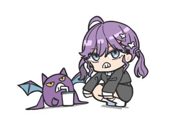 1girl ahoge bendy_straw black_dress chibi clenched_teeth commentary_request crobat crossover cup disposable_cup dress drinking_straw gakuen_idolmaster gen_2_pokemon grey_eyes hair_between_eyes idolmaster kawamochi_(kawauti919) kaya_rinha long_hair long_sleeves looking_at_viewer nintendo pokemon pokemon_(creature) purple_hair samirah_tamara_elías_avalo_(lifesamirah) shadow simple_background sleeves_past_wrists socks squatting teeth twintails white_background white_socks