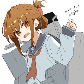 1girl absurdres anchor_symbol bigkwl brown_eyes brown_hair dated folded_ponytail highres inazuma_(kancolle) kantai_collection long_sleeves neckerchief one-hour_drawing_challenge open_mouth red_neckerchief rigging sailor_collar school_uniform serafuku sideways_glance simple_background smokestack solo twitter_username upper_body wavy_mouth white_background