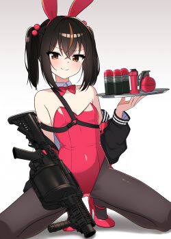 Rule 34 | 1girl, 40mm grenade, animal ear hairband, animal ears, bamiko (nanju bami), bare shoulders, black hair, black pantyhose, black sleeves, bobbles, bow, bowtie, breasts, brown eyes, brown hair, closed mouth, commentary request, crossed bangs, detached collar, explosive, fake animal ears, grenade, grenade launcher, hair between eyes, hairband, high heels, highleg, highleg leotard, highres, holding, holding tray, jacket, leotard, long sleeves, looking at viewer, milkor mgl, multicolored hair, nanju bami, off shoulder, open clothes, open jacket, original, pantyhose, playboy bunny, rabbit ear hairband, rabbit ears, red bow, red bowtie, red jacket, red leotard, red shoes, shoes, simple background, small breasts, smile, solo, spread legs, squatting, strapless, strapless leotard, streaked hair, tray, twintails, two-tone hair, vertical foregrip, weapon, white background