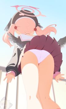 1girl absurdres against_railing ass black_choker black_hat black_jacket blue_archive choker from_behind from_below hair_tie halo hat highres jacket koharu_(blue_archive) kukuzero_neko legs legs_together loli long_sleeves panties pantyshot pink_hair pink_halo pink_panties pleated_skirt railing red_skirt sailor_collar short_twintails skirt solo twintails underwear white_sailor_collar wings