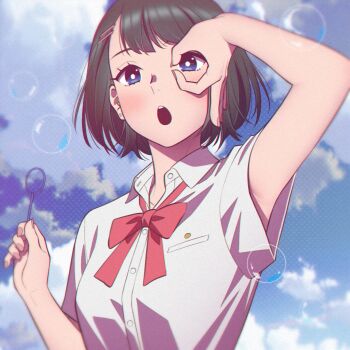 1girl andrian_januar_adilia arm_up armpit_focus armpit_peek armpits black_hair blue_eyes bow bowtie bubble bubble_wand cloud commentary_request hair_ornament hairclip highres open_mouth original pink_nails red_bow red_bowtie shirt short_hair solo swept_bangs white_shirt