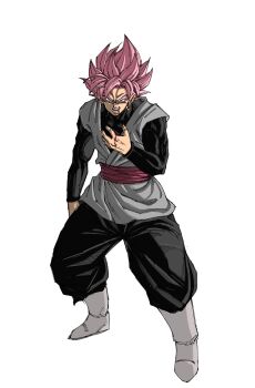 1boy absurdres black_pants black_shirt boots dougi dragon_ball dragon_ball_super earrings full_body goku_black gomadang0417 grey_tunic highres jewelry medium_hair pants pink_hair potara_earrings red_sash sash shirt simple_background single_earring solo spiked_hair super_saiyan super_saiyan_rose tunic white_background white_boots