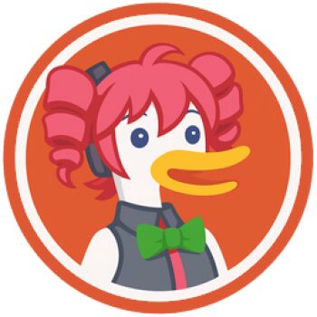 1boy beak black_shirt blue_eyes bow bowtie cosplay dax_the_duck drill_hair duck_boy duckduckgo green_bow green_bowtie headset kasane_teto kasane_teto_(cosplay) kasane_teto_(utau) looking_at_viewer lowres necktie official_art portrait red_background red_hair red_necktie shirt sleeveless sleeveless_shirt twin_drills utau