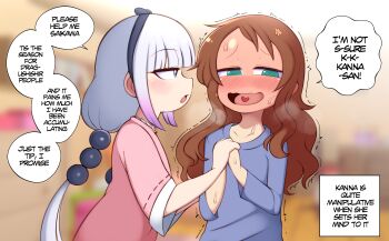 Rule 34 | 1futa, 1girl, absurdres, beads, blue eyes, blunt bangs, blush, brown hair, english text, futa with female, futanari, green eyes, hair beads, hair ornament, hairband, heart, highres, kanna kamui, kobayashi-san chi no maidragon, light purple hair, long hair, open mouth, saikawa riko, saltyxodium, shirt, sphere hair ornament, twintails