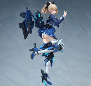 Rule 34 | 1girl, armored boots, ass, black bow, black ribbon, blonde hair, blue eyes, blue jacket, blue panties, blue skirt, boots, bow, breasts, commentary request, gun, hair bow, hair ribbon, jacket, kaze (starward), large breasts, long sleeves, looking at viewer, looking back, mecha musume, mechanical legs, miniskirt, neck ribbon, panties, pantyshot, pleated skirt, ponytail, ribbon, school uniform, shirt, skirt, solo, starward, striped clothes, striped panties, underwear, weapon, white shirt