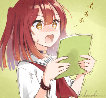 1girl black_choker blush book choker highres holding holding_book medium_hair open_mouth red_hair school_uniform shaking simple_background star-shaped_pupils star_(symbol) surprised sweatdrop symbol-shaped_pupils upper_body watashi_wo_tabetai_hitodenashi yasagurenoriko yashiro_miko yellow_eyes