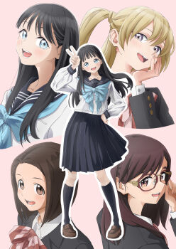 4girls absurdres akebi-chan_no_serafuku akebi_komichi black_hair black_jacket black_legwear black_sailor_collar black_skirt blonde_hair blue_bow blue_bowtie blue_eyes blush bob_cut bow bowtie breasts brown_footwear brown_hair cat-opa-25 glasses hair_between_eyes hand_on_own_cheek hand_on_own_face hand_on_own_hip highres jacket kizaki_erika kojou_tomono loafers long_hair long_sleeves medium_breasts multiple_girls open_mouth pink_background pink_eyes pleated_skirt red_bow red_bowtie roubai_academy_school_uniform_(new) roubai_academy_school_uniform_(old) sailor_collar school_uniform serafuku shirt shoes simple_background skirt smile striped_bow swept_bangs two_side_up usagihara_touko v white_shirt