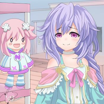absurdres bare_shoulders braid breasts choker happy highres hood hoodie leggings long_hair luuneth neptune_(neptunia) neptune_(series) open_mouth pajarmas parka pink_eyes stuffed_toy plushie purple_hair pururut shoes small_breasts smile thighhighs