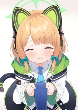 1girl absurdres animal_ear_headphones animal_ears artist_name black_jacket black_shorts black_tail blonde_hair blue_archive blue_necktie blunt_bangs blush bow buttons cat_ear_headphones cat_ears cat_tail chinese_commentary closed_eyes clothes_grab collared_shirt commentary_request cowboy_shot dated facing_viewer fake_animal_ears fake_tail gradient_background green_bow green_halo green_jacket hair_bow halo headphones highres jacket long_sleeves low-tied_sidelocks midori_(blue_archive) multicolored_jacket necktie necktie_grab neckwear_grab open_clothes open_jacket parted_bangs parted_lips pov raised_inner_eyebrows shirt shorts sidelocks signature solo_focus tail tears textless_version two-sided_fabric two-sided_jacket unbuttoned untucked_shirt wavy_mouth white_background white_jacket white_shirt wide_sleeves zcx