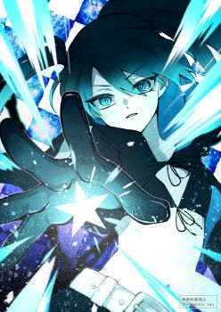 1girl belt bikini bikini_top_only black_coat black_gloves black_rock_shooter black_rock_shooter_(character) blue_eyes coat engyoku1027 front-tie_bikini_top front-tie_top gloves glowing glowing_eye highres long_hair no_shirt open_clothes open_coat pale_skin solo swimsuit twintails uneven_twintails