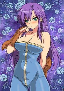 1girl absurdres bare_shoulders blue_bodysuit blush bodysuit breasts cleavage collarbone commentary_request cosplay embarrassed faris_scherwiz final_fantasy final_fantasy_tactics final_fantasy_v fingerless_gloves floral_background floral_print frown gloves green_eyes highres large_breasts long_hair monk_(final_fantasy) monk_(final_fantasy)_(cosplay) purple_hair sleeveless sleeveless_bodysuit solo yuuyuu_(3jjbn)