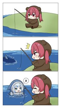2girls fishing gawr_gura highres hololive hololive_english houshou_kumarine houshou_marine lilyb_ohwashi multiple_girls red_hair shark_girl smile twintails virtual_youtuber