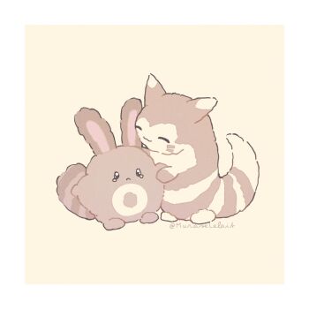 artist_name border brown_background brown_fur closed_eyes evolutionary_line furret gen_2_pokemon highres light_smile murase_(muraselelait) nintendo no_humans outside_border pokemon pokemon_(creature) sentret simple_background tail tearing_up two-tone_fur white_border