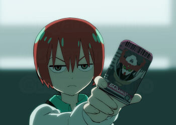 Rule 34 | 1girl, amate yuzuriha, aqua eyes, aqua shirt, closed mouth, collared shirt, gquuuuuux, green eyes, gundam, gundam gquuuuuux, henshin, henshin pose, highres, holding, kamen rider, kamen rider dcd, long sleeves, looking at viewer, mecha, mobile suit, necktie, parody, red hair, rider card, robot, school uniform, science fiction, shirt, short hair, solo, sweater, tokusatsu, ueyama michirou, v-fin, zooming in