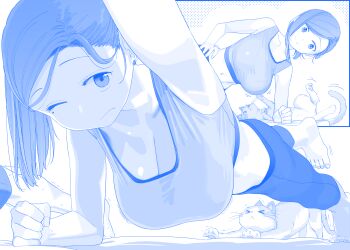 >_< 1boy 1girl animal arm_support armpits bare_shoulders barefoot blue_theme bouncing_breasts breasts capri_pants cat cleavage closed_eyes closed_mouth commentary exercising fumi-chan_(tawawa) getsuyoubi_no_tawawa hanging_breasts highres himura_kiseki kouhai-chan_(tawawa) large_breasts leg_up legs long_hair looking_at_animal looking_at_viewer midriff mole mole_under_eye monochrome motion_lines navel one_eye_closed open_mouth outstretched_arms pants planking reaching reaching_towards_viewer revision senpai_(tawawa) smile solo_focus sports_bra stretching toenails trembling yoga_pants