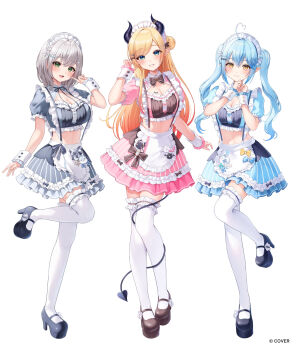 Rule 34 | 3girls, blonde hair, blue hair, closed mouth, commentary request, demon girl, demon horns, demon tail, elf, frilled thighhighs, frills, full body, grey hair, highres, hololive, horns, long hair, looking at viewer, low twintails, medium hair, midriff, multiple girls, official art, open mouth, pointy ears, shirogane noel, smile, standing, standing on one leg, tail, thighhighs, twintails, tyabesu, virtual youtuber, white thighhighs, yukihana lamy, yuzuki choco, zettai ryouiki
