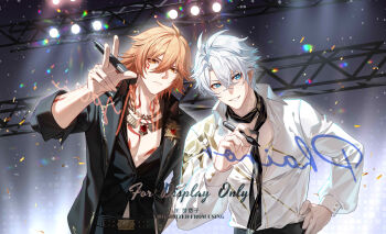 2boys absurdres adapted_costume antenna_hair arm_tattoo black_jacket black_necktie black_pants black_shirt blonde_hair blue_eyes braid chest_tattoo chinese_commentary collared_shirt commentary_request confetti facial_tattoo gem gold_necklace gradient_hair highres holding holding_marker honkai:_star_rail honkai_(series) jacket jewelry male_focus marker medium_hair multicolored_hair multiple_boys mydei_(honkai:_star_rail) mydei_(nylon_japan)_(honkai:_star_rail) neck_tattoo necklace necktie o8622 pants parted_bangs partially_unbuttoned pectoral_cleavage pectorals phainon_(alternate_spacetime)_(honkai:_star_rail) phainon_(honkai:_star_rail) red_gem red_hair red_tattoo shirt short_hair side_braid stage_lights sun_symbol sun_tattoo tan tattoo watermark white_hair white_shirt yellow_eyes