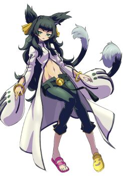 Rule 34 | 1girl, alternate species, animal ears, asymmetrical footwear, belt bell, blunt bangs, capri pants, coat, commentary request, cosplay, fox ears, fox girl, full body, green eyes, green hair, groin, high collar, highres, hiyajou maho, kokonoe (blazblue), kokonoe (blazblue) (cosplay), looking at viewer, messy hair, mismatched footwear, navel, pants, sadarann, science adventure, solo, steins;gate, steins;gate 0, tail, transparent background, white coat