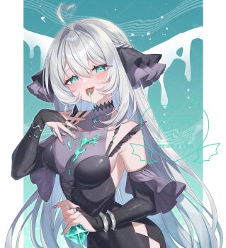1girl absurdres ahoge aqua_eyes bare_shoulders black_bridal_gauntlets black_dress black_gloves breasts bridal_gauntlets cleavage commentary_request commission dress elbow_gloves gloves grey_hair halterneck heart heart_ahoge highres indie_virtual_youtuber jiu_(vtuber) liquid long_hair looking_at_viewer medium_breasts skeb_commission solo tatata_n3b7 tongue tongue_out upper_body virtual_youtuber watermark