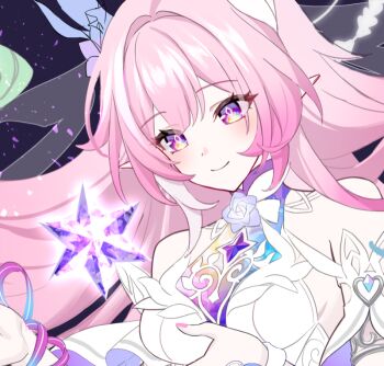 1girl bare_shoulders breasts bridal_veil commentary_request crystal_flower cyrene_(honkai:_star_rail) cyrene_(ripples_of_past_reverie)_(honkai:_star_rail) diamond-shaped_pupils diamond_(shape) dress honkai:_star_rail honkai_(series) kiki-yu large_breasts long_hair multicolored_hair pink_hair pointy_ears purple_eyes sky smile solo star_(sky) starry_sky symbol-shaped_pupils two-tone_hair unfinished veil very_long_hair white_dress white_hair