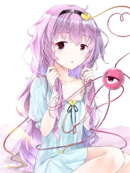 1girl alternate_costume alternate_hair_length alternate_hairstyle blue_nightgown breasts brown_hairband cleavage collarbone commentary_request eyeball hair_ornament hairband hands_in_own_hair heart heart_hair_ornament heart_of_string highres komeiji_satori long_hair minatsuki_yurara nightgown open_mouth pink_hair sitting solo surprised third_eye touhou very_long_hair