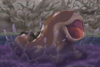 black_sclera clodsire colored_sclera commentary_request full_body gen_9_pokemon highres karura_(to-the-4483) nintendo no_humans open_mouth outdoors poison pokemon pokemon_(creature) pokemon_focus solo splashing tongue tree water