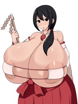 1girl areola_slip arm_behind_back black_eyes black_hair borscht_(borschdoll) borushichi_(pixiv29850973) bra breasts cleavage detached_sleeves gigantic_breasts gohei hair_over_shoulder hair_tie hakama hakama_skirt holding holding_gohei japanese_clothes long_hair low_ponytail magatama magatama_necklace micro_bra miko necklace open_mouth original ponytail red_hakama skindentation skirt solo sprite standing transparent_background underwear white_bra white_sleeves