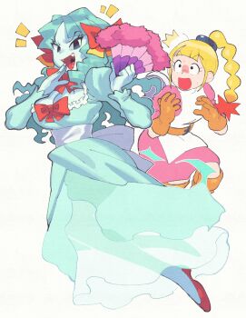 2girls ^^^ belt high-waist_belt blonde_hair bombette boots bow bow_(paper_mario) braid braided_ponytail breasts brown_boots brown_gloves chest_belt chest_bow cleavage colored_skin commentary dress drill_hair english_commentary facial_hair fang fang_out fangs feather_fan ghost gloves green_hair green_skin hand_fan high_heels highres holding holding_fan inkerton-kun large_breasts looking_at_another looking_at_viewer mario_(series) multicolored_hair multiple_girls mustache nintendo notice_lines ojou-sama_pose open_mouth pale_skin paper_mario paper_mario_64 personification pink_dress red_shoes shoes simple_background smile surprised waist_bow white_background