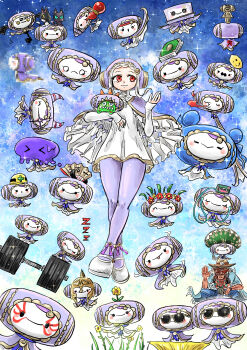 >_< 1boy 1girl 6+girls :3 apple balloon blush_stickers censored chibi closed_eyes closed_mouth creature crossed_legs crown digimon dress elephant facial_hair floating flower food fruit full_body hair_flower hair_ornament hat head_wreath helmet highres holding hood hood_up ingrid_(capcom) kicdon long_sleeves looking_at_viewer monoid_(street_fighter) multiple_girls pantyhose purple_pantyhose rainbow red_eyes shoes short_dress sky sleeping sleeves_past_wrists smile solid_circle_eyes star_(sky) street_fighter street_fighter_6 sunglasses tongue tongue_out watering_can weights white_dress white_hair x_x yellow_flower zzz