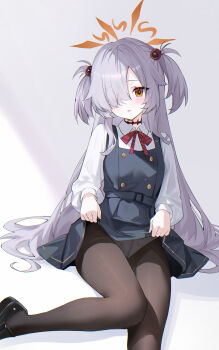 1girl absurdres black_pantyhose black_shoes blue_archive blush buttons clothes_lift collared_shirt commentary_request diagonal-striped_ribbon dot_nose dress dress_lift green_dress grey_dress grey_hair hair_between_eyes hair_over_one_eye hair_over_shoulder halo highres kanoe_(blue_archive) lifting_own_clothes loli long_hair long_sleeves looking_at_viewer neck_ribbon one_eye_covered open_mouth orange_eyes orange_halo panties panties_under_pantyhose pantyhose pinafore_dress red_ribbon ribbon scar_on_face scar_on_nose shirt shoes sidelocks simple_background sleeveless_dress solo thighs two_side_up underwear usagi_(786113654) very_long_hair white_background white_panties white_shirt