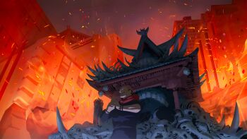 artist_request bone burning burning_building highres itadori_yuuji jujutsu_kaisen open_mouth ryoumen_sukuna_(jujutsu_kaisen) shrine skeleton skull tagme tongue tongue_out