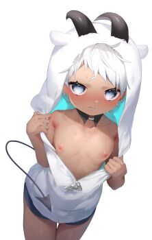 1boy alltime_natsu androgynous animal_ear_hood blue_eyes blush commentary_request dark-skinned_male dark_skin demon_boy demon_horns demon_tail detached_collar fake_animal_ears full-face_blush highres hood hood_up horns horns_through_hood male_focus original puffy_male_chest puffy_nipples short_hair shota solo sweat tail thigh_gap white_hair zipper zipper_pull_tab