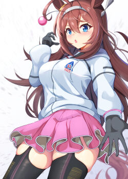 1girl absurdres ahoge animal_ears antennae black_gloves black_shirt black_thighhighs blue_eyes blush breasts brown_hair commentary_request drawstring fake_antennae garter_straps gloves grey_hairband hair_between_eyes hairband highres hood hood_down hoodie horse_ears horse_girl horse_tail large_breasts long_hair long_sleeves looking_at_viewer mihono_bourbon_(umamusume) parted_lips pink_skirt shirt shuten_(shutehaan) silver_hairband skirt solo tail thighhighs umamusume white_hoodie