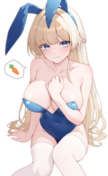 1girl absurdres animal_ears bare_arms bare_shoulders blonde_hair blue_archive blue_eyes blue_hairband blue_leotard blush breasts closed_mouth collarbone covered_navel fake_animal_ears feet_out_of_frame hair_ornament hairband highres large_breasts leotard long_hair looking_at_viewer multicolored_hair official_alternate_costume official_alternate_hairstyle origami_(poinia) paid_reward_available playboy_bunny rabbit_ears simple_background smile solo streaked_hair thighhighs thighs toki_(blue_archive) toki_(bunny)_(blue_archive) white_background white_thighhighs