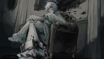 Rule 34 | 1boy, blood, blood on clothes, blood stain, chain, chain around neck, chair, commentary, cross, crossed legs, earrings, frilled shirt, frilled sleeves, frills, full body, gold, grey eyes, gun, halo, hand on own leg, highres, holding, holding gun, holding weapon, jewelry, looking at viewer, mirror, original, pale skin, picture frame, ring, shirt, single earring, sitting, spiked halo, weapon, white hair, xyz 0dr