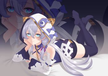 1girl ass blue_eyes breasts chain gold_chain hand_on_own_cheek hand_on_own_face highres honkai_(series) honkai_impact_3rd legs_up long_hair lying meme on_stomach purple_thighhighs purple_unitard sasaki3rd small_breasts smile solo teri_derp_(meme) the_pose theresa_apocalypse theresa_apocalypse_(schicksal&#039;s_imperative) thighhighs thighs white_hair white_hood zoom_layer