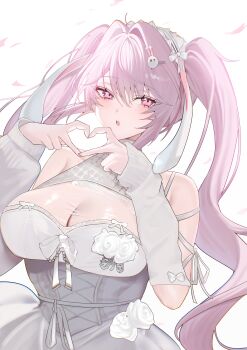 1girl absurdres alice_(marchen_dream)_(nikke) alice_(nikke) animal_ears arm_ribbon bare_shoulders blush bow bow_hairband breasts chromatic_aberration commentary detached_sleeves dress dress_bow dress_flower e9ua1 fake_animal_ears falling_petals fingernails flower four-finger_heart_hands glint goddess_of_victory:_nikke hair_between_eyes hair_bow hair_intakes hair_ornament hairband hairclip hands_up heart heart_hands highres large_breasts long_hair long_sleeves looking_at_viewer official_alternate_costume parted_lips petals pink_eyes pink_hair rabbit_ears rabbit_hair_ornament ribbon rose see-through_cleavage see-through_clothes see-through_dress sleeve_bow sleeveless sleeveless_dress sleeves_past_wrists solo teeth twintails upper_body upper_teeth_only very_long_hair white_background white_bow white_dress white_flower white_hairband white_ribbon white_rose